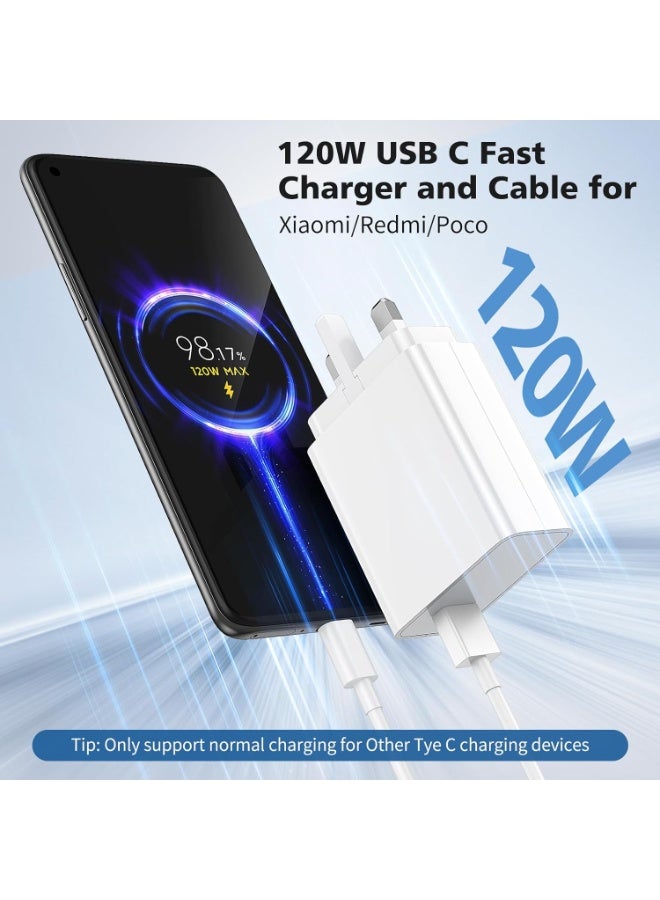 120W Fast UK Wall Charger and 3A/1M 120W Charge Cable for Xiaomi, USB C Cable, Fast Charging for Xiaomi 17 15 14 Ultra 14T 13T Pro 13 12T 12 Pro 11T 11 Lite /Redmi Note 15 14 13 12 11 10 9Pro /Redmi N